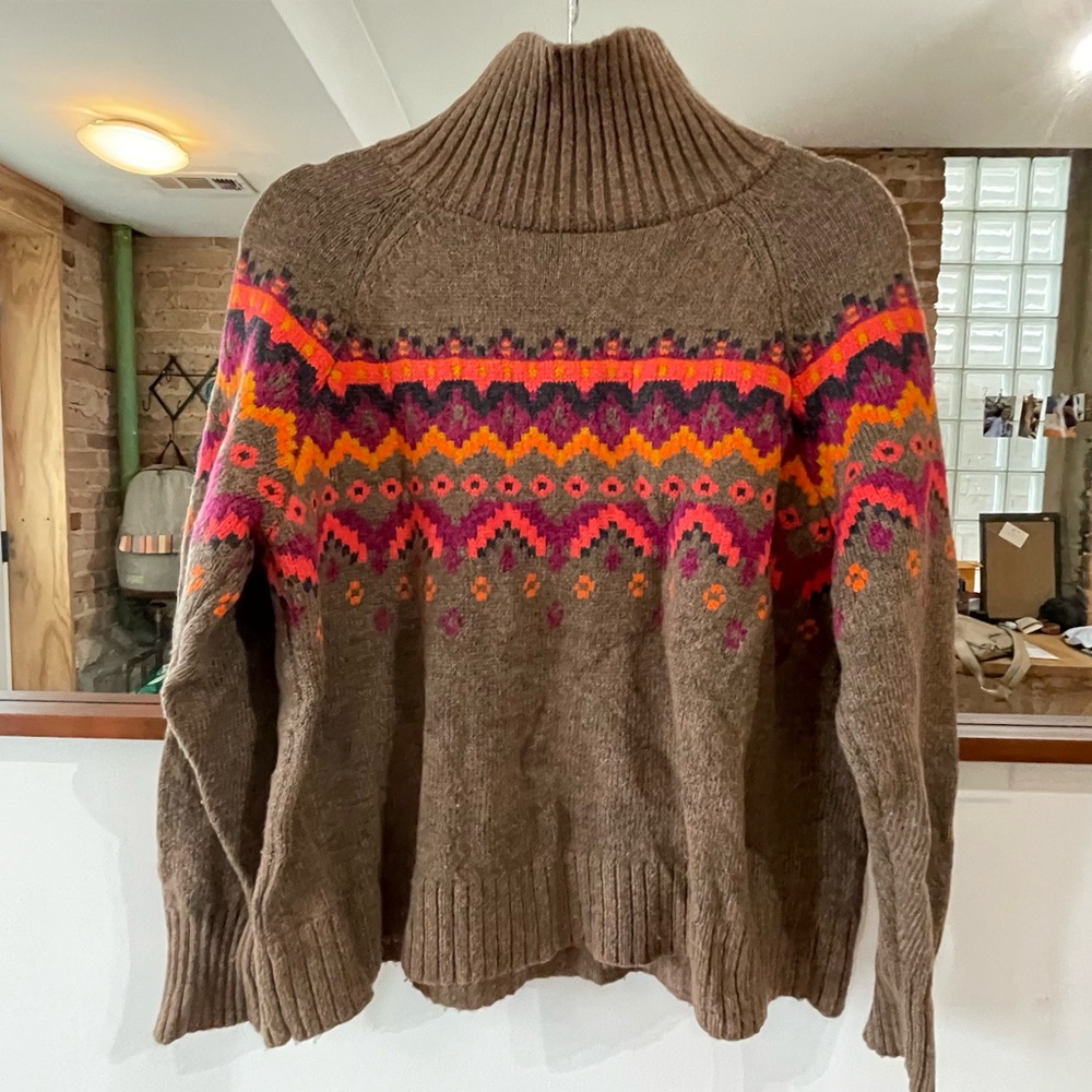 LOFT Brown Sweater with Pink and Orange Pattern